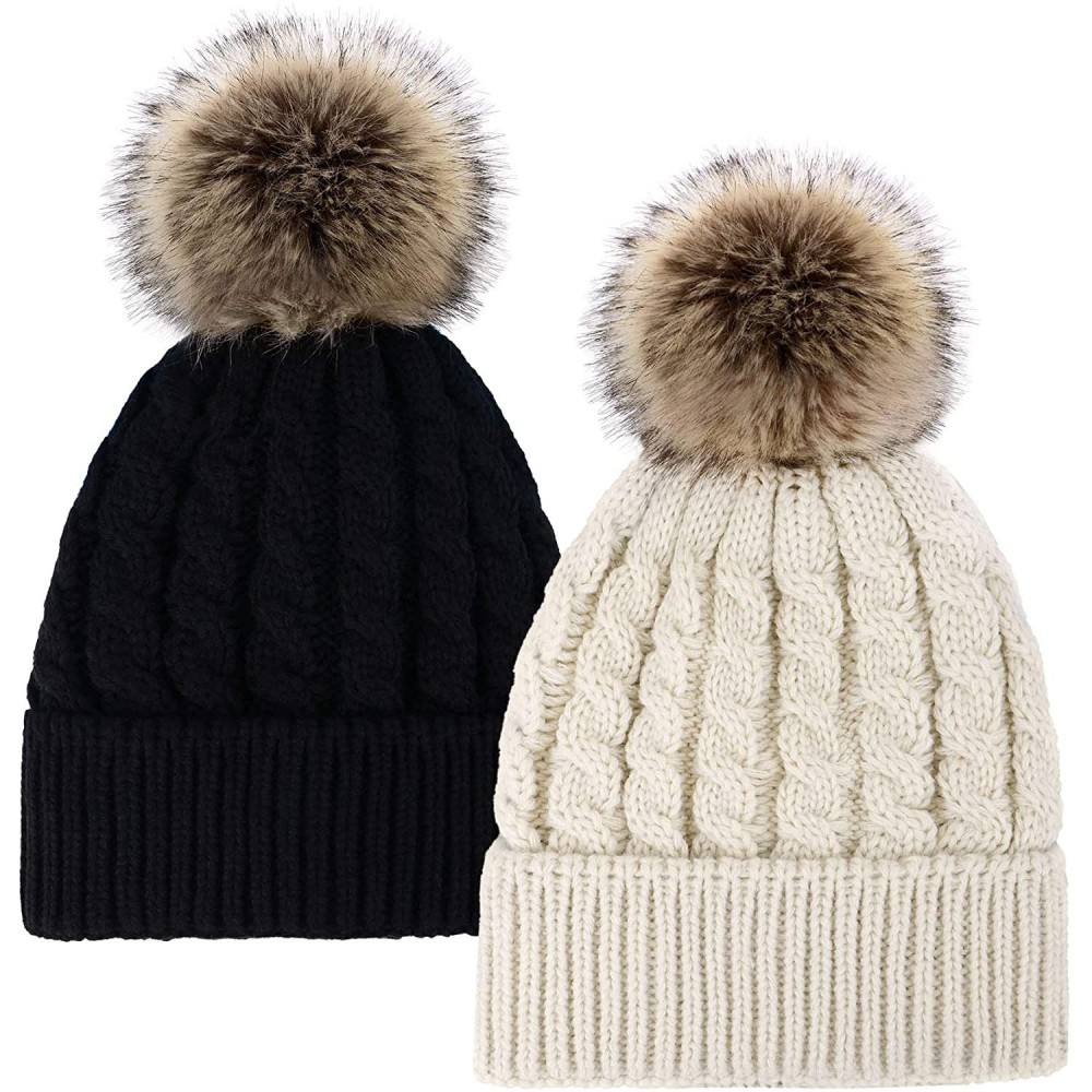 Skullies & Beanies Women's Winter Soft Knit Beanie Hat with Faux Fur Pom Pom - Lot 2_fleece Lined_black and Beige - CH18SCUK6...