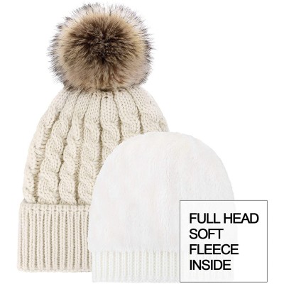 Skullies & Beanies Women's Winter Soft Knit Beanie Hat with Faux Fur Pom Pom - Lot 2_fleece Lined_black and Beige - CH18SCUK6...