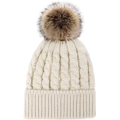 Skullies & Beanies Women's Winter Soft Knit Beanie Hat with Faux Fur Pom Pom - Lot 2_fleece Lined_black and Beige - CH18SCUK6...