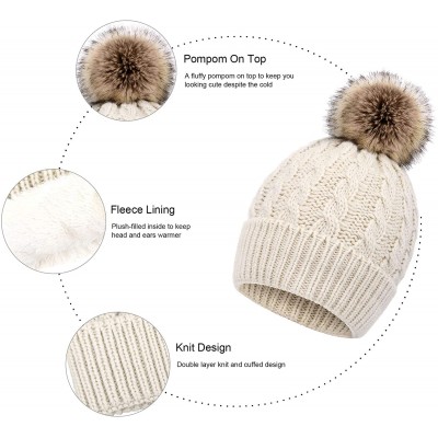 Skullies & Beanies Women's Winter Soft Knit Beanie Hat with Faux Fur Pom Pom - Lot 2_fleece Lined_black and Beige - CH18SCUK6...