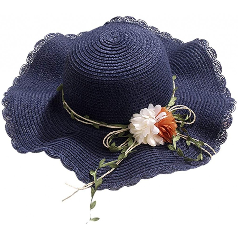 Sun Hats Women Bowknot Straw Hat Stripe Floppy Foldable Roll up Beach Cap Sun Hat Outdoor UV +50 - Navy - CM18UC9GUXS $16.80