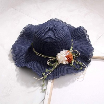 Sun Hats Women Bowknot Straw Hat Stripe Floppy Foldable Roll up Beach Cap Sun Hat Outdoor UV +50 - Navy - CM18UC9GUXS $16.80