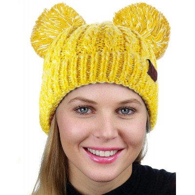 Skullies & Beanies 2 Ear Pom Pom Cable Knit Soft Stretch Cuff Skully Beanie Hat - 2 Tone Lemon - CJ18AUUDMS6 $12.79