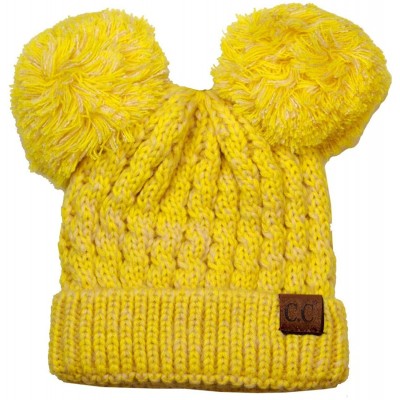 Skullies & Beanies 2 Ear Pom Pom Cable Knit Soft Stretch Cuff Skully Beanie Hat - 2 Tone Lemon - CJ18AUUDMS6 $12.79