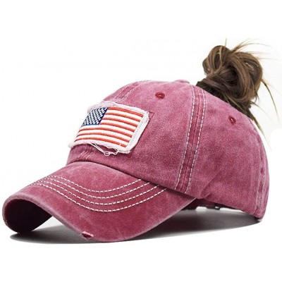 Baseball Caps Distressed Ponytail Hat for Women American-Flag Pony Tail Caps High Bun - Wine Red - CX18XSCWKM8 $13.95
