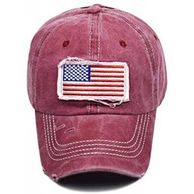 Baseball Caps Distressed Ponytail Hat for Women American-Flag Pony Tail Caps High Bun - Wine Red - CX18XSCWKM8 $13.95