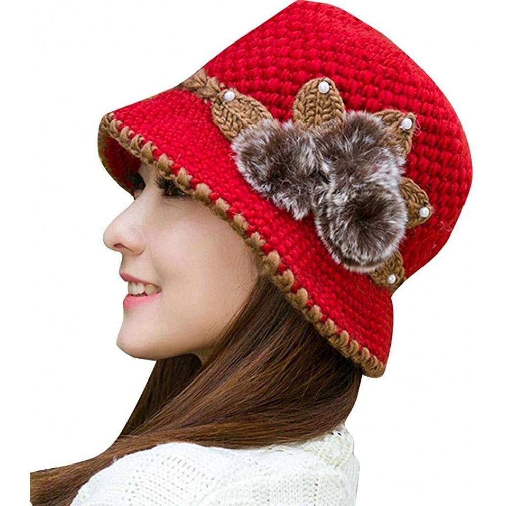 Berets Winter Beret Cap Womens Flower Knit Crochet Beanie Hat Winter Warm Cap - ❤️red - CW18896QS5Z $11.24