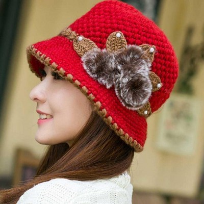 Berets Winter Beret Cap Womens Flower Knit Crochet Beanie Hat Winter Warm Cap - ❤️red - CW18896QS5Z $11.24