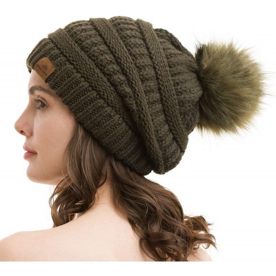 Skullies & Beanies Womens Fleece Lined Slouchy Beanie Chunky Baggy Hat Fur Pompom Winter Soft Warm Cap - Dark Green - C218LYM...