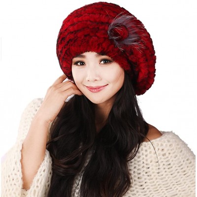 Berets Winter Women's Rex Rabbit Fur Beret Hats with Fur Flower - Red - CV11M8VDOIV $27.60