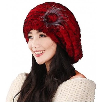 Berets Winter Women's Rex Rabbit Fur Beret Hats with Fur Flower - Red - CV11M8VDOIV $27.60