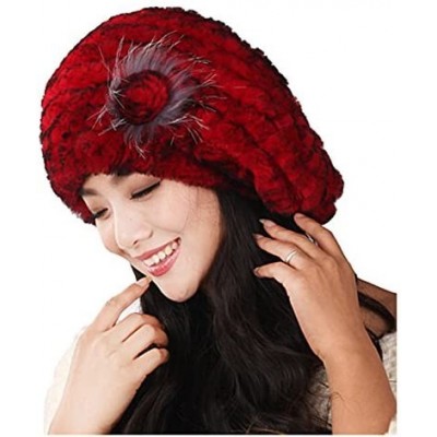 Berets Winter Women's Rex Rabbit Fur Beret Hats with Fur Flower - Red - CV11M8VDOIV $27.60