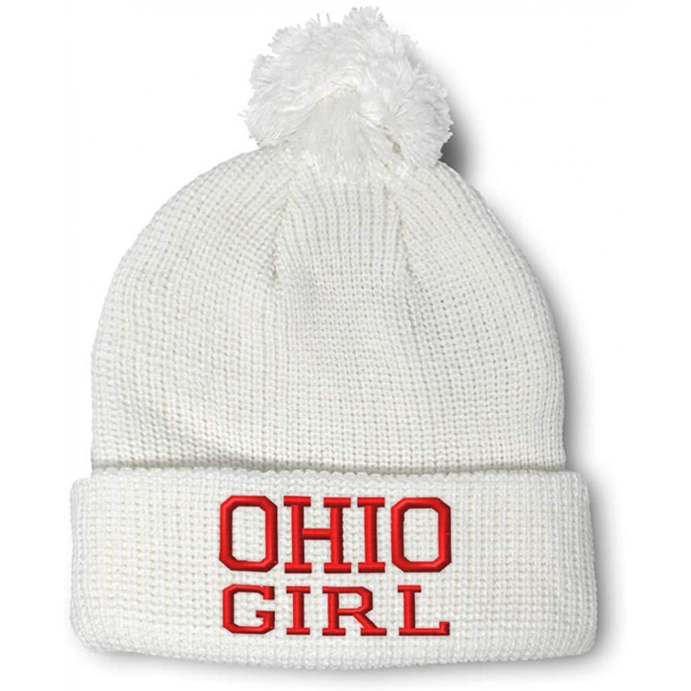 Skullies & Beanies Custom Pom Pom Beanie Ohio Girl State USA America Embroidery Acrylic - White - CT18A0E7XG3 $16.11