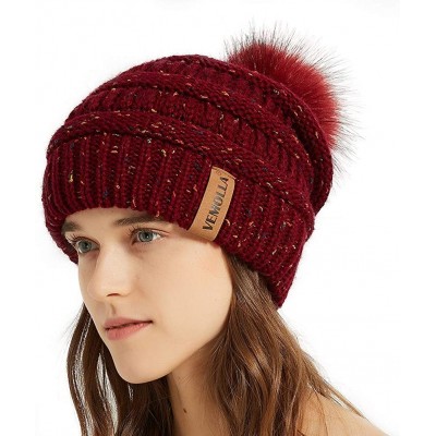 Skullies & Beanies Womens Winter Knit Slouchy Beanie Chunky Hats Bobble Hat Ski Cap with Faux Fur Pompom - Confetti Burgundy ...