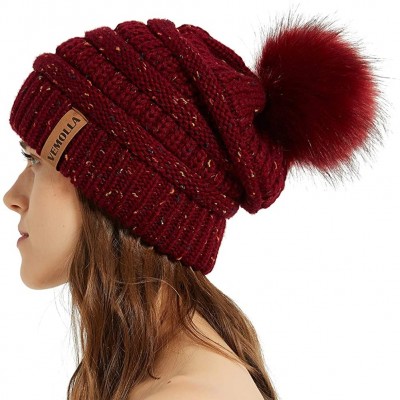 Skullies & Beanies Womens Winter Knit Slouchy Beanie Chunky Hats Bobble Hat Ski Cap with Faux Fur Pompom - Confetti Burgundy ...