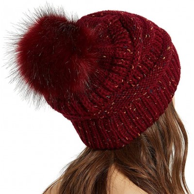 Skullies & Beanies Womens Winter Knit Slouchy Beanie Chunky Hats Bobble Hat Ski Cap with Faux Fur Pompom - Confetti Burgundy ...