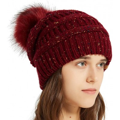 Skullies & Beanies Womens Winter Knit Slouchy Beanie Chunky Hats Bobble Hat Ski Cap with Faux Fur Pompom - Confetti Burgundy ...