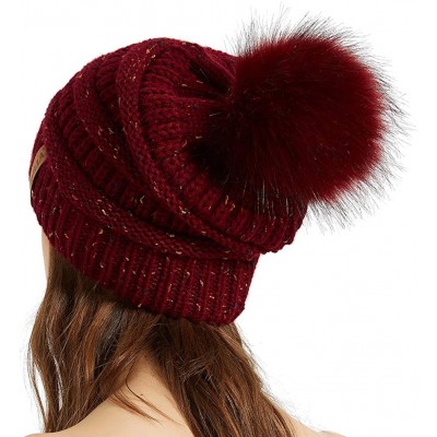 Skullies & Beanies Womens Winter Knit Slouchy Beanie Chunky Hats Bobble Hat Ski Cap with Faux Fur Pompom - Confetti Burgundy ...