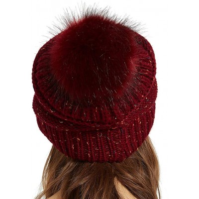 Skullies & Beanies Womens Winter Knit Slouchy Beanie Chunky Hats Bobble Hat Ski Cap with Faux Fur Pompom - Confetti Burgundy ...