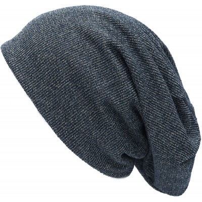 Skullies & Beanies Unisex Heather Tweed/Solid Fleece Lined Slouchy Long Beanie Warm Hat - Navy - CM186ONK0RM $22.88