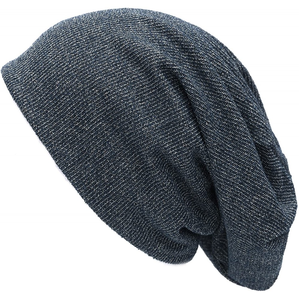 Skullies & Beanies Unisex Heather Tweed/Solid Fleece Lined Slouchy Long Beanie Warm Hat - Navy - CM186ONK0RM $7.98