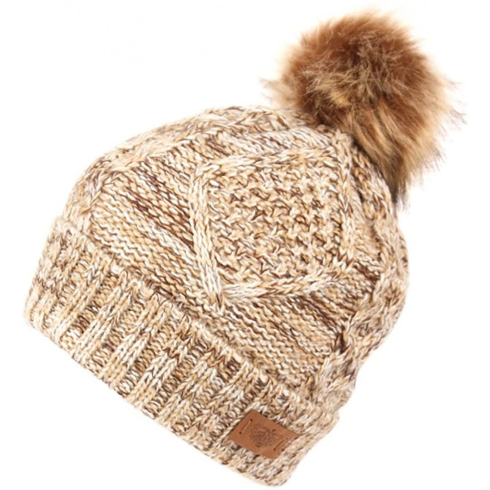 Skullies & Beanies Women's Knit Beanie with Faux Fur Pom Pom and Fleece Lining - Multi Khaki - C4187IANWOZ $12.20