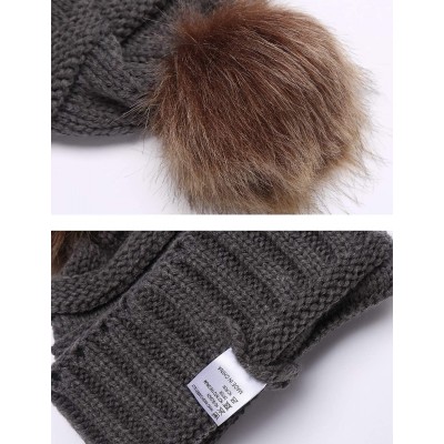 Skullies & Beanies Faux Fur Pom Pom Cable Knit Beanie Women Slouchy Beanie Chunky Baggy Hat Winter Soft Warm Ski Cap - Dark G...