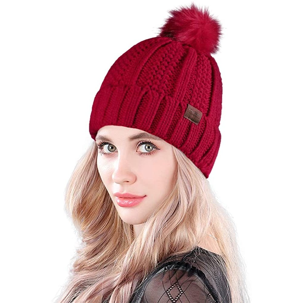 Skullies & Beanies Womens Beanie Winter Hat Slouchy Knit Chunky Faux Fur Warm Linling Poms Hat Bobble Hat Ski Cap - Red - CW1...