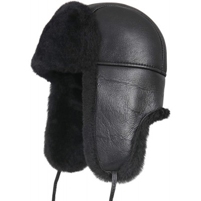 Bomber Hats Women's Shearling Sheepskin Aviator Russian Trapper Fur Winter Hat - Solid Black - CB11NH5IBQR $108.12