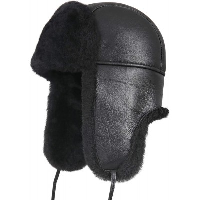 Bomber Hats Women's Shearling Sheepskin Aviator Russian Trapper Fur Winter Hat - Solid Black - CB11NH5IBQR $42.52