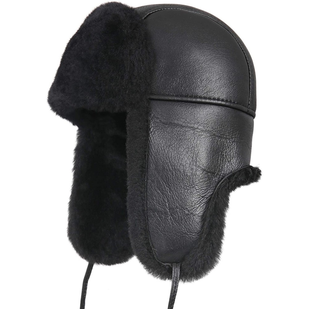 Bomber Hats Women's Shearling Sheepskin Aviator Russian Trapper Fur Winter Hat - Solid Black - CB11NH5IBQR $42.52