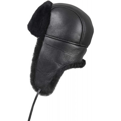 Bomber Hats Women's Shearling Sheepskin Aviator Russian Trapper Fur Winter Hat - Solid Black - CB11NH5IBQR $42.52