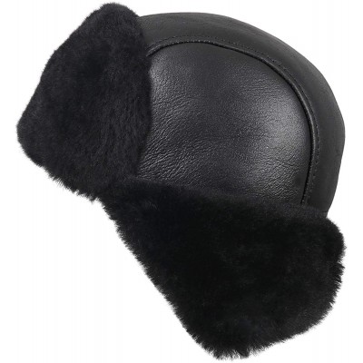 Bomber Hats Women's Shearling Sheepskin Aviator Russian Trapper Fur Winter Hat - Solid Black - CB11NH5IBQR $42.52