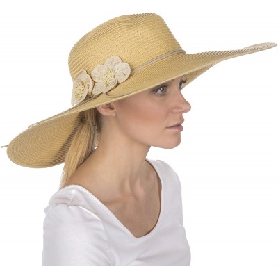 Sun Hats Bella UPF 50+ 100% Paper Straw Flower Accent Wide Brim Floppy Hat - Natural - CV1190EY20D $17.47