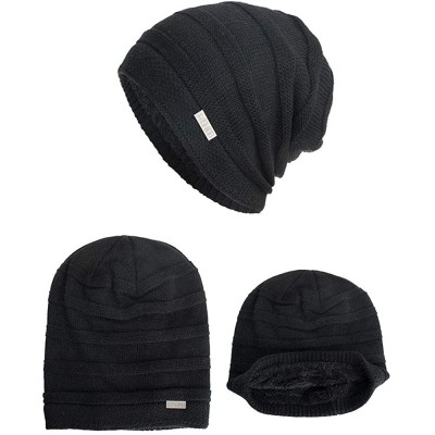 Skullies & Beanies Men Winter Skull Cap Beanie Large Knit Hat with Thick Fleece Lined Daily - I - Black - CC18ZD6OKNE $14.66