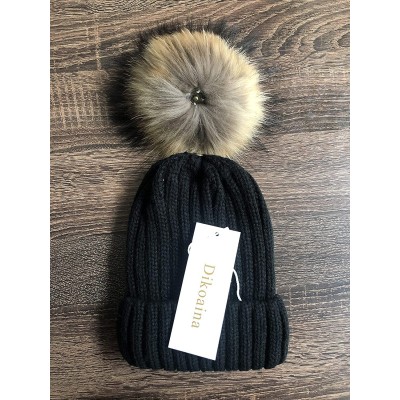 Skullies & Beanies Knit Hat for Womens Girls Fleece Winter Slouchy Beanie Hat with Real Raccon Fox Fur Pom Pom - Style02 Blac...