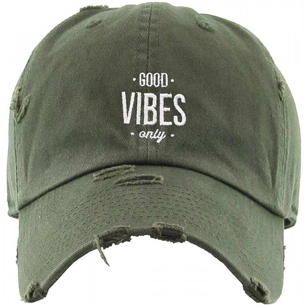 Baseball Caps Good Vibes Only Vintage Baseball Cap Embroidered Cotton Adjustable Distressed Dad Hat - Olive - C618AIN4DXM $19.13