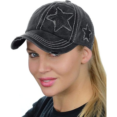 Baseball Caps Ponycap Messy High Bun Ponytail Adjustable Glitter Star Distressed Baseball Cap Hat - Black - C518ROMW52N $14.20