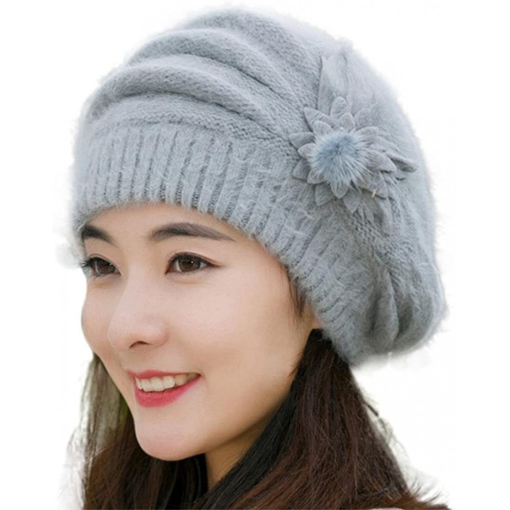 Berets Fashion Womens Flower Knit Crochet Beanie Hat Winter Warm Cap Beret - Grey - CS12N4S3EHH $9.39