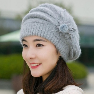 Berets Fashion Womens Flower Knit Crochet Beanie Hat Winter Warm Cap Beret - Grey - CS12N4S3EHH $9.39
