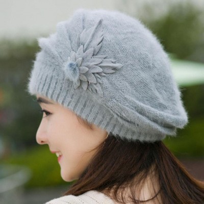 Berets Fashion Womens Flower Knit Crochet Beanie Hat Winter Warm Cap Beret - Grey - CS12N4S3EHH $9.39