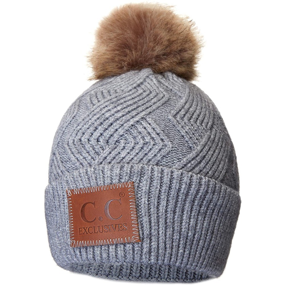 Skullies & Beanies Exclusives Geometric Cable Beanie Hat with Faux Fur Pom (HAT-2298) - Lt.grey - CE18S8SNXMO $17.55