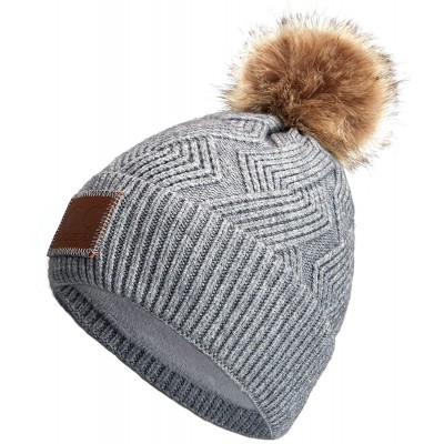 Skullies & Beanies Exclusives Geometric Cable Beanie Hat with Faux Fur Pom (HAT-2298) - Lt.grey - CE18S8SNXMO $17.55