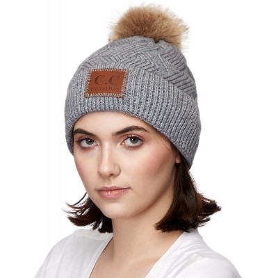Skullies & Beanies Exclusives Geometric Cable Beanie Hat with Faux Fur Pom (HAT-2298) - Lt.grey - CE18S8SNXMO $17.55