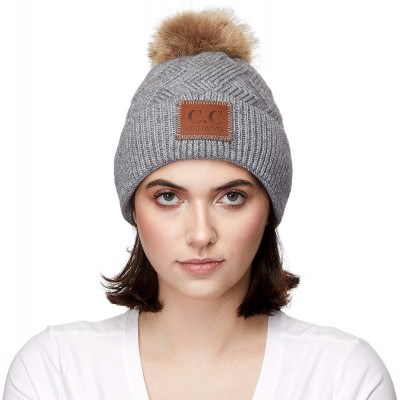 Skullies & Beanies Exclusives Geometric Cable Beanie Hat with Faux Fur Pom (HAT-2298) - Lt.grey - CE18S8SNXMO $17.55