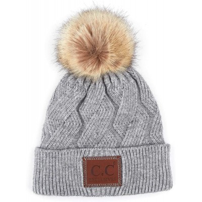 Skullies & Beanies Exclusives Geometric Cable Beanie Hat with Faux Fur Pom (HAT-2298) - Lt.grey - CE18S8SNXMO $17.55