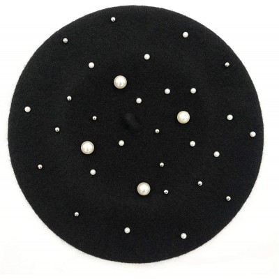 Berets Women Wool Beret Hat French Style Solid Color - Black+pearl - CV18I7A6ZXW $26.65