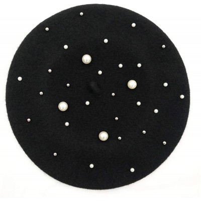 Berets Women Wool Beret Hat French Style Solid Color - Black+pearl - CV18I7A6ZXW $13.67