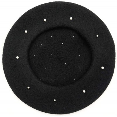 Berets Women Wool Beret Hat French Style Solid Color - Black+pearl - CV18I7A6ZXW $28.40