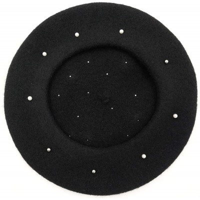 Berets Women Wool Beret Hat French Style Solid Color - Black+pearl - CV18I7A6ZXW $13.67